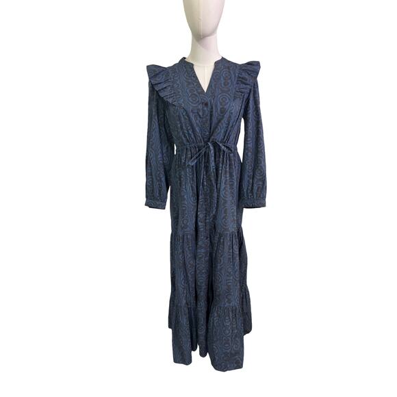 Cefinn Blue Ikat Ruffle Maxi Shirt Dress Belted Long Sleeve US 8 - Picture 1 of 9
